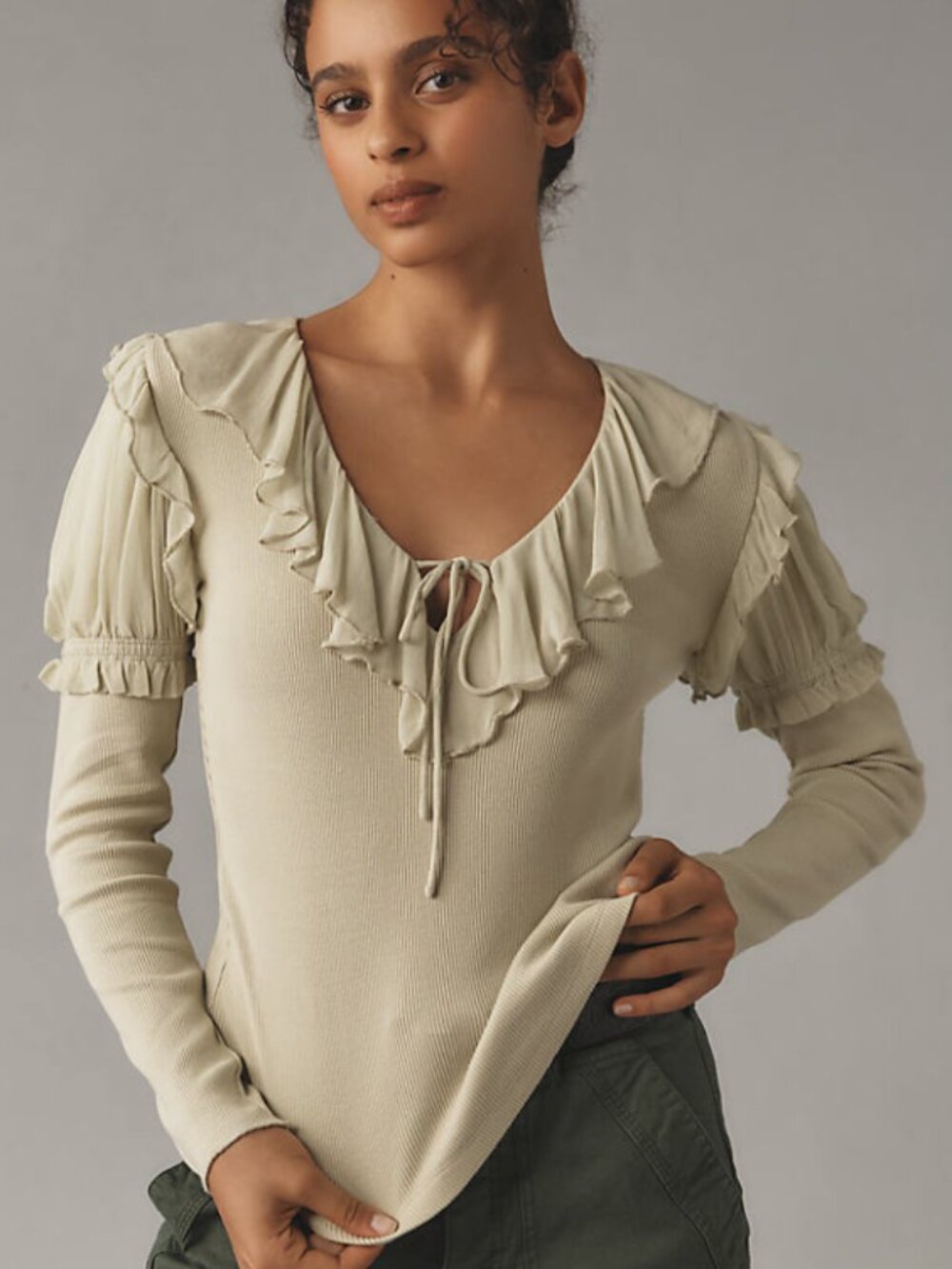 Anthropologie Ruffle Sleeve Ribbed Long Sleeve Tee Ren Fair Fairycore Ethereal S